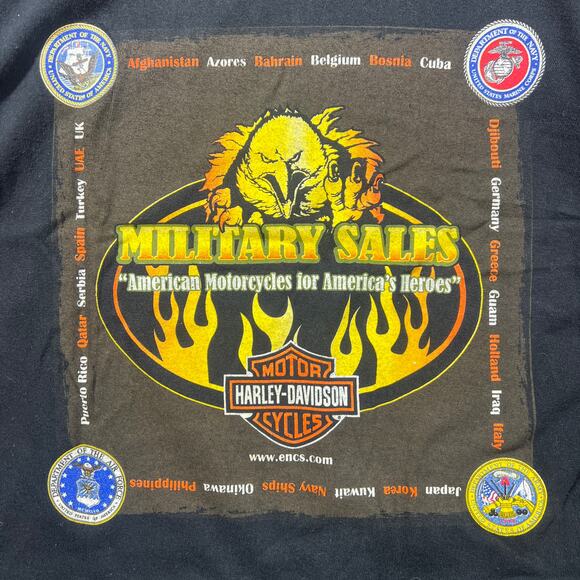 Y2K Harley Davidson Military Sales T-Shirt XL Black Flame - Picture 2 of 7